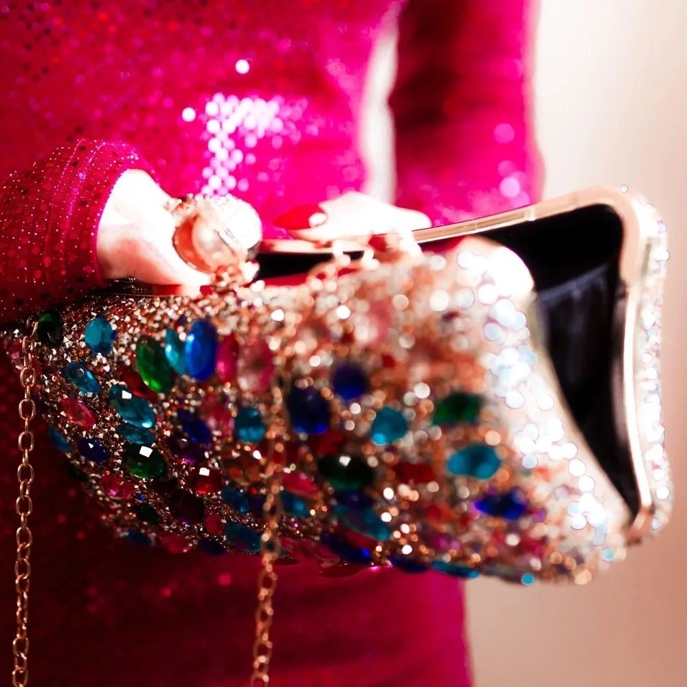 Glam Rhinestone Gold Clutch with Multi-Color Rhinestones - Picture 3 of 3